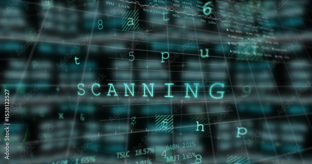 Poster Showing teal SCANNING text hovering over digital grid interface, with code symbols and data charts
