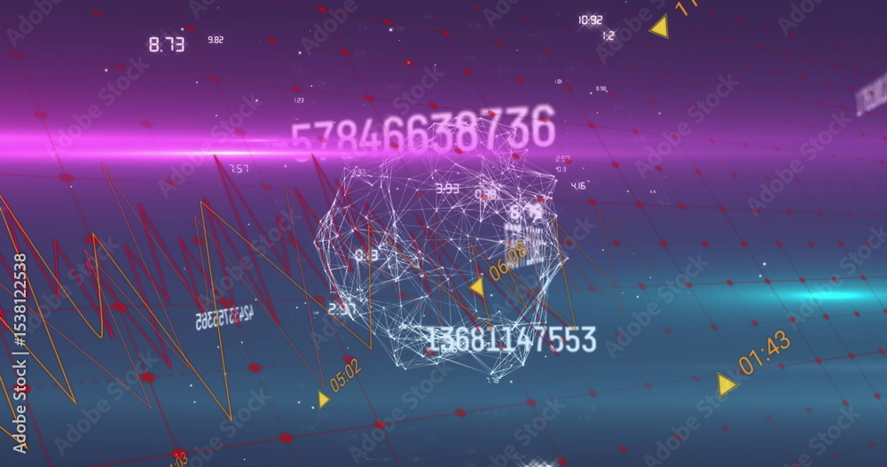 Poster displaying wireframe sphere floating in 3d space, with numeric overlays, yellow markers, line graph