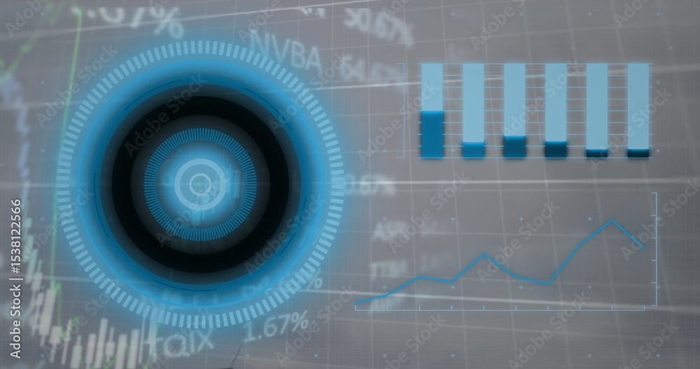Poster showing circular hud overlaying dashboard grid with bar chart line graph percent labels copy space