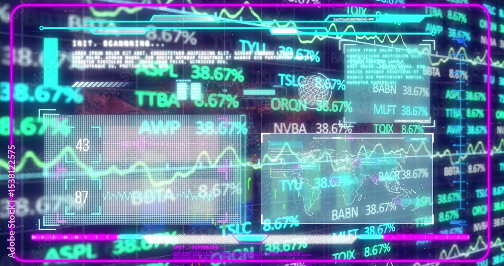 Poster showing translucent data panels on trading screen, with line graphs and alphanumeric ticker symbols
