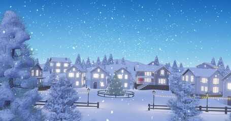 Glowing lampposts illuminating decorated tree inside wooden fence at village square with pine trees