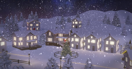Glowing homes surrounding decorated evergreen tree in snowy village at night, with string lights © vectorfusionart