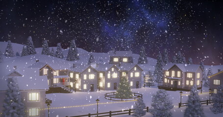 Obraz premium Shining snowy houses and decorated Christmas tree sparkling in mountain village, with lampposts