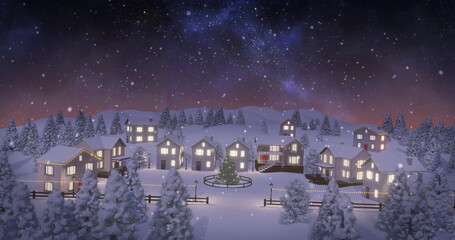 Glowing string-lit houses and wood fence framing decorated tree in village night, falling snowfall