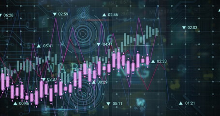 Displaying pink candlestick bars moving on grid panel with purple trend lines, triangular markers