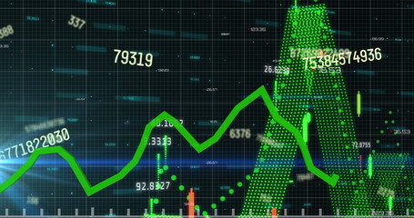Displaying green line graph fluctuating on financial dashboard with 3D columns and floating numbers