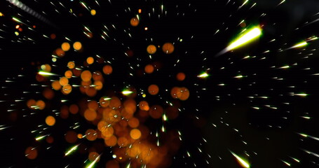 Glowing cluster of orange light orbs and green light streaks radiating in dark void, abstraction