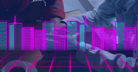 Grid projector displaying neon cityscape on wooden table in meeting room, with smartphone and mug