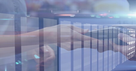 Sleeved hands tapping smartphone on card reader at retail counter, with data bars overlay