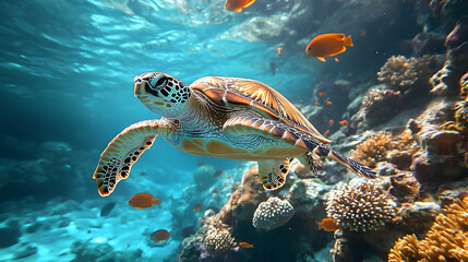 Naklejka premium Sea turtle swimming among coral reefs.