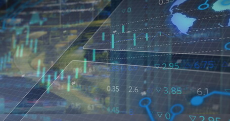 Data panels displaying on online dashboard, with candlestick charts, numeric overlays and world map