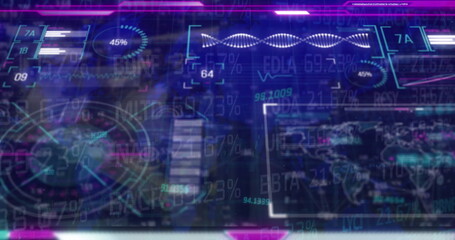 Displaying futuristic HUD on sci-fi panel with holographic progress circles DNA helix world map