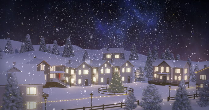 Fototapeta Shining snowy houses and decorated Christmas tree sparkling in mountain village, with lampposts