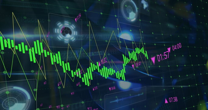 Displaying financial data across dashboard with green candlestick yellow trendline pink timestamps