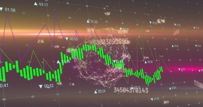 Showing green candlestick chart purple line graph in data UI, numeric grid labels, network sphere