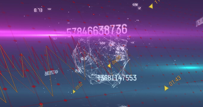 Displaying wireframe sphere floating in 3D space, with numeric overlays, yellow markers, line graph