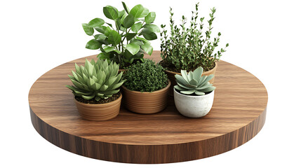 Four houseplants in pots sit on a round wooden table, displaying vibrant greenery and textures against 