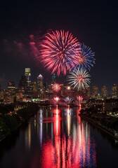 Fireworks over city skyline at night