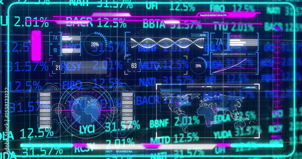 Poster displaying holographic data on virtual interface, with maps charts waveforms percentages