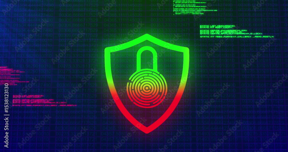 Poster Displaying shield icon merging padlock and fingerprint on cybersecurity interface, binary streams