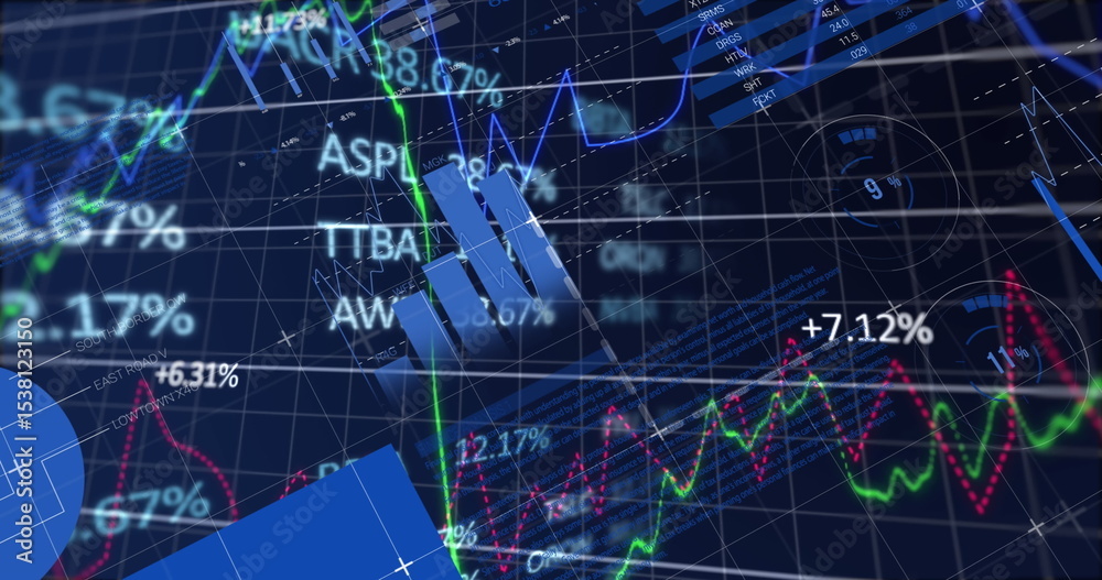 Poster showing translucent blue 3d bar chart tracking data on trading dashboard with green red line graphs