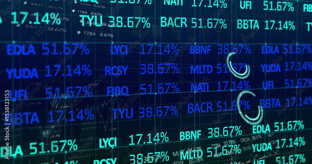 Poster displaying stock market data on trading grid display with tickers, percentages and progress charts