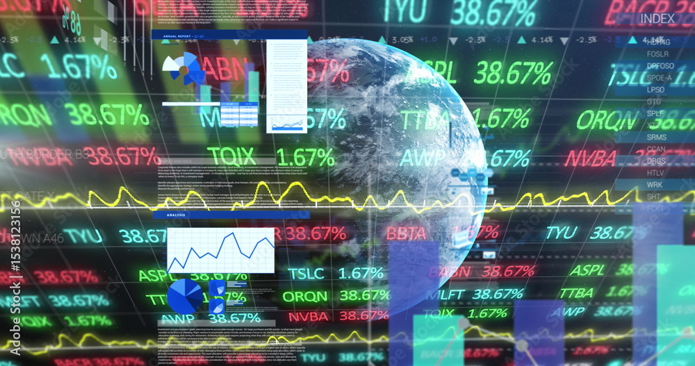 Poster showing digital globe mapping data on trading dashboard, with ticker symbols, charts and waveforms