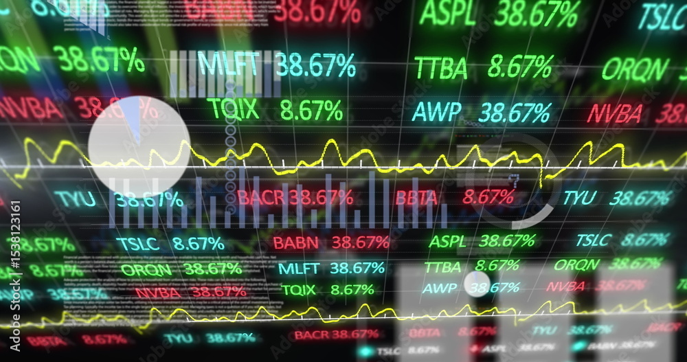 Poster displaying trading interface scrolling stock tickers on dark grid, with line graphs and pie charts