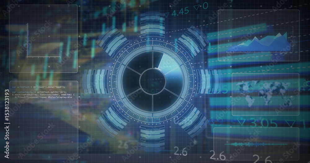 Poster animating central circular gauge displaying segmented bars in hud, with translucent data panels
