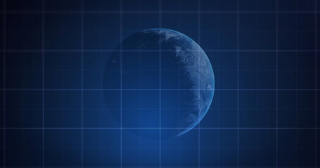 Showing digital planet Earth glowing in space environment, with translucent grid overlay