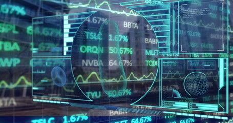 Holographic interface spanning control room, displaying molecular structure, globe, stock tickers