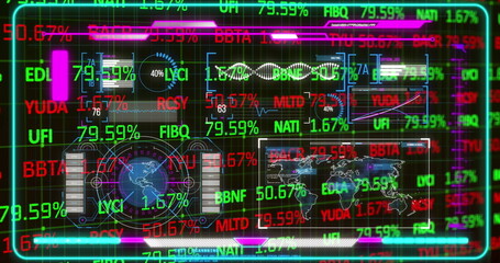 Obraz premium Displaying holographic data dashboard at control center, with neon code overlays and rotating globe