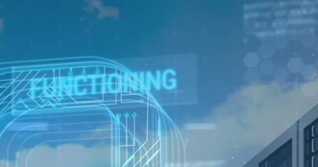 Overlaying digital circuit schematic with hexagonal pattern mesh on building facade, copy space