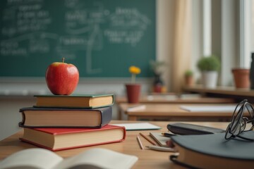 Apple, books, schoolbag and stationery on desk in classroom. Back to school concept
