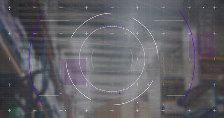 Displaying HUD overlay with rings and crosshair markers over racks of cardboard boxes in warehouse