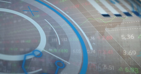 Displaying circular gauge with floating numerical tickers and line graphs on interface, copy space