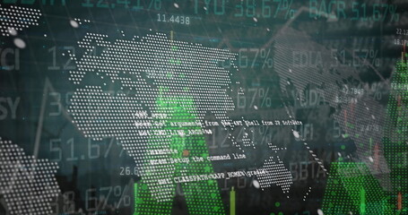 Showing dotted world map overlaying financial data on dashboard, with percentages and candlesticks
