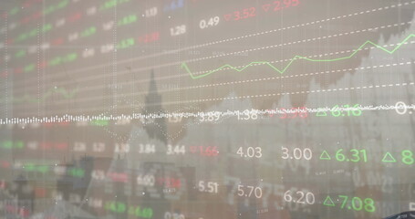 Rendering overlay over skyline, grid, line graphs, prices, arrows and waveform data stream