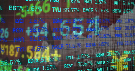 Displaying digital stock ticker display animating over blurred city high-rise, with percent changes