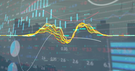 Multicolored line graph undulating across trading dashboard, with candlestick bars and pie segments