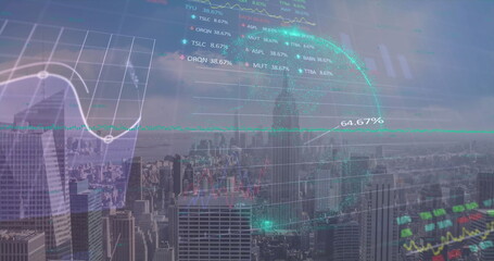 Displaying dotted digital globe mapping world data over urban skyline, with translucent line chart