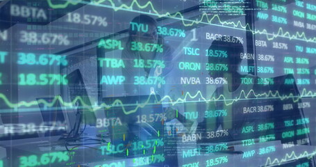 Female analysts in blazers examining stock data on monitors in office, with chart overlays