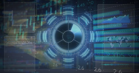 Animating central circular gauge displaying segmented bars in HUD, with translucent data panels