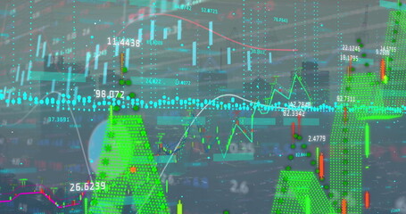 Displaying financial data over trading floor, with multicolor candlesticks, graphs and data points