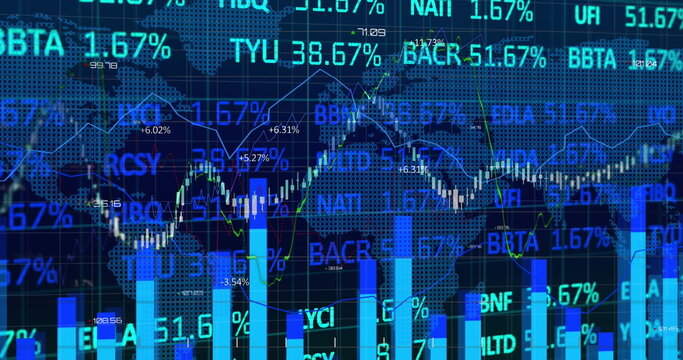 Displaying digital chart overlaying map on trading screen, with tickers and candlesticks
