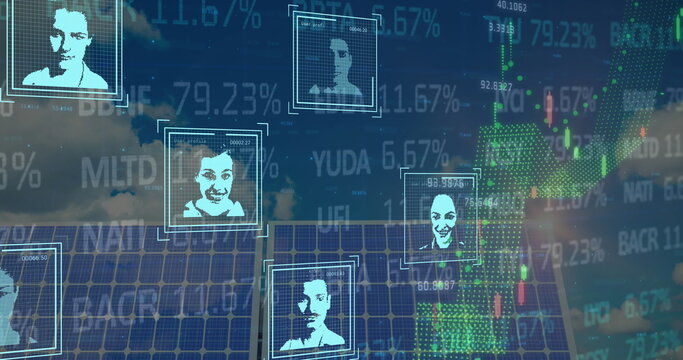 Displaying solar panel array spanning digital field, with headshots in framing boxes and stock data
