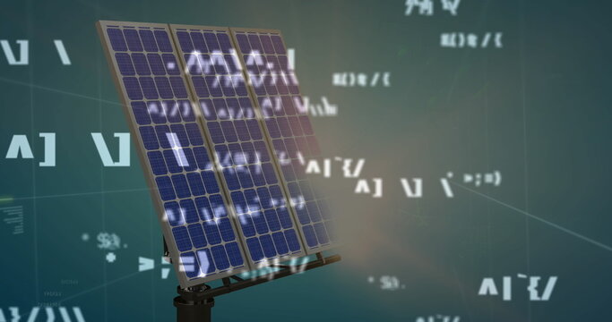Showcasing three-column solar array tilting right on pole in studio, projecting data visualization
