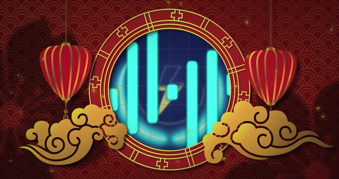 Circular red-gold frame showing glowing blue bar chart in festive decor with lanterns, cloud motifs