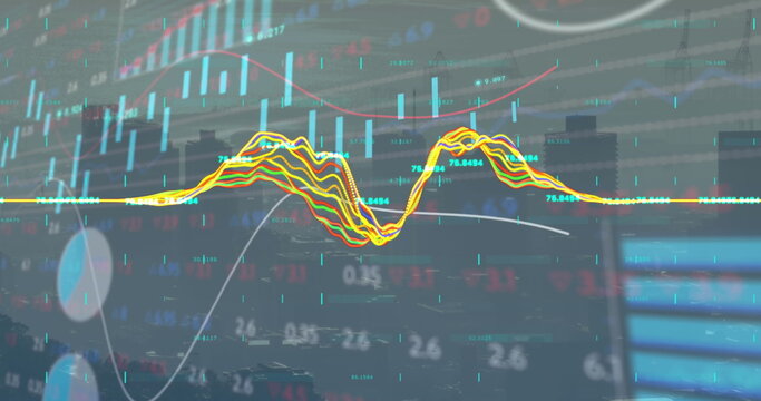 Multicolored line graph undulating across trading dashboard, with candlestick bars and pie segments