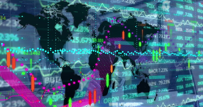 Displaying world map silhouette on trading dashboard with candlestick bars and line graphs - Powered by Adobe